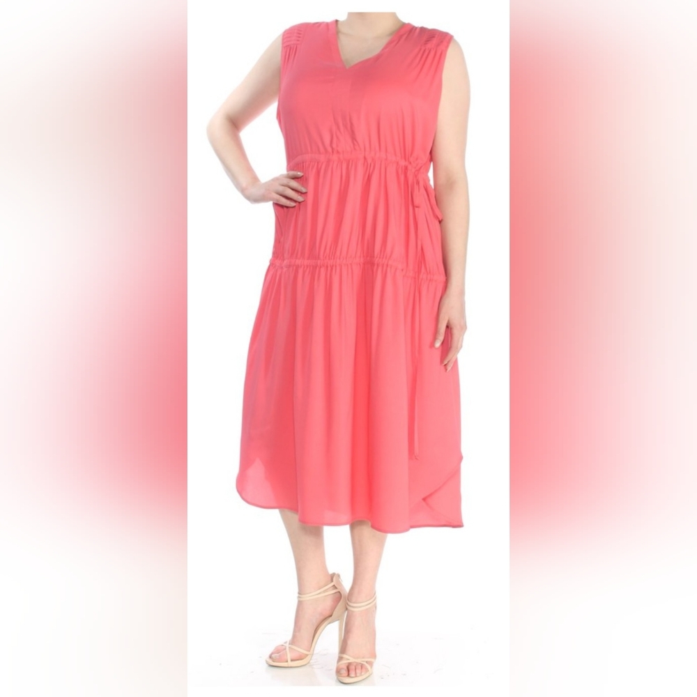 DKNY Pinky Coral Sleeveless Tiered Midi